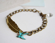 Load image into Gallery viewer, Gold Feather Blue Swallow Cream Pearls Bracelet.Brass feather Blue verdigris Patina Brass Swallow Bird Swarovski Cream pearls Bracelet
