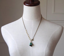 Load image into Gallery viewer, Tulip Necklace. Verdigris Patina Brass Tulip Petal necklace. Tulip with Swallow Bird White Pearls Necklace. Christmas Gift for mom daughter
