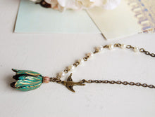 Load image into Gallery viewer, Tulip Necklace. Verdigris Patina Brass Tulip Petal necklace. Tulip with Swallow Bird White Pearls Necklace. Christmas Gift for mom daughter
