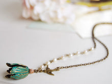 Load image into Gallery viewer, Tulip Necklace. Verdigris Patina Brass Tulip Petal necklace. Tulip with Swallow Bird White Pearls Necklace. Christmas Gift for mom daughter
