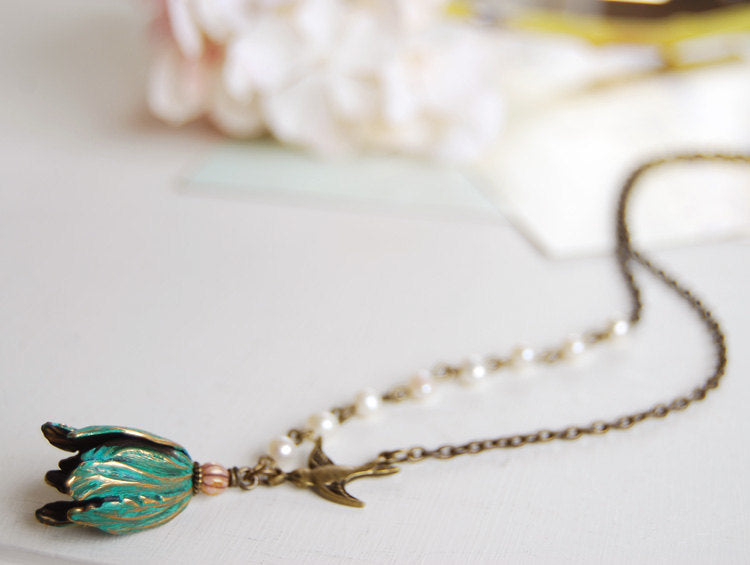 Tulip Necklace. Verdigris Patina Brass Tulip Petal necklace. Tulip with Swallow Bird White Pearls Necklace. Christmas Gift for mom daughter