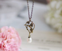 Load image into Gallery viewer, Hummingbird Necklace. Teardrop Cream Pearl Antique Brass Hummingbird Pendant Necklace. Hummingbird Jewelry, Christmas gift, gift for mom
