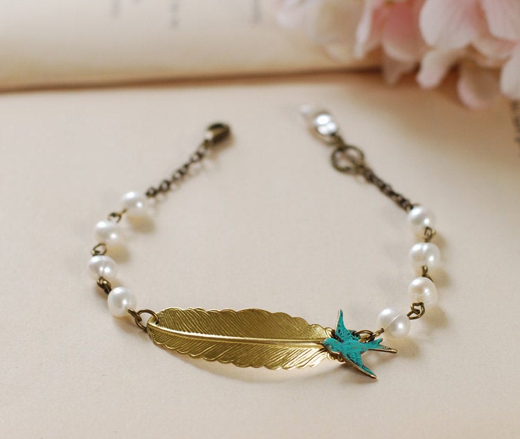 Gold Feather Blue Swallow Cream Pearls Bracelet.Brass feather Blue verdigris Patina Brass Swallow Bird Swarovski Cream pearls Bracelet