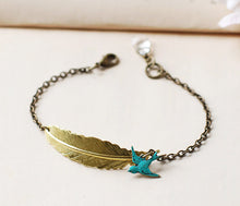 Load image into Gallery viewer, Gold Feather Blue Swallow Cream Pearls Bracelet.Brass feather Blue verdigris Patina Brass Swallow Bird Swarovski Cream pearls Bracelet
