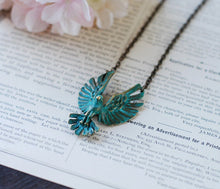 Load image into Gallery viewer, Soaring Bird Necklace, Hawk Eagle Necklace, Teal Blue Verdigris Bird Necklace, Bird Jewelry, Gift for Her, Gift for Women, Gift for daughter
