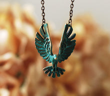 Load image into Gallery viewer, Soaring Bird Necklace, Hawk Eagle Necklace, Teal Blue Verdigris Bird Necklace, Bird Jewelry, Gift for Her, Gift for Women, Gift for daughter
