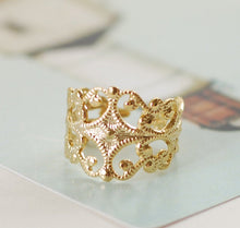 Load image into Gallery viewer, Victorian Style Gold Filigree Ring. High Quality Gold Plated Adjustable Filigree Ring
