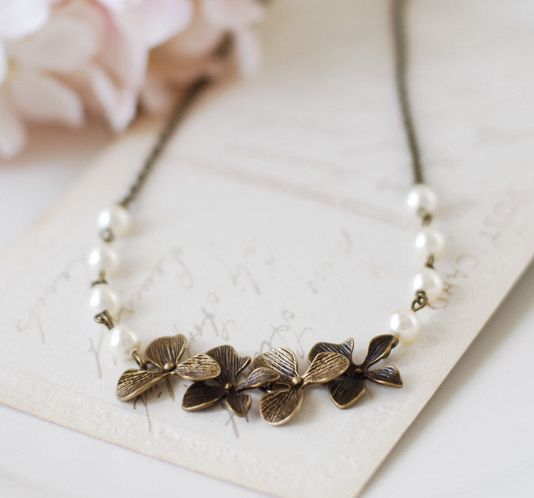 Brass Orchid Necklace. Swarovski Cream Pearls Orchid Flowers Necklace. Vintage Style Wedding Necklace. Bridal Necklace, Christmas gift