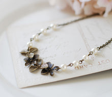 Load image into Gallery viewer, Brass Orchid Necklace. Swarovski Cream Pearls Orchid Flowers Necklace. Vintage Style Wedding Necklace. Bridal Necklace, Christmas gift
