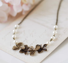 Load image into Gallery viewer, Brass Orchid Necklace. Swarovski Cream Pearls Orchid Flowers Necklace. Vintage Style Wedding Necklace. Bridal Necklace, Christmas gift
