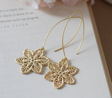 Load image into Gallery viewer, Gold Metal Lace Dangle Earrings Matte gold Flower Earrings Gold Filigree Earrings Drop Earrings Statement Earrings
