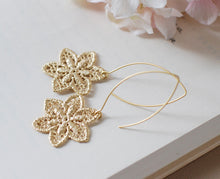 Load image into Gallery viewer, Gold Metal Lace Dangle Earrings Matte gold Flower Earrings Gold Filigree Earrings Drop Earrings Statement Earrings
