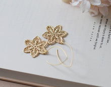 Load image into Gallery viewer, Gold Metal Lace Dangle Earrings Matte gold Flower Earrings Gold Filigree Earrings Drop Earrings Statement Earrings
