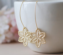 Load image into Gallery viewer, Gold Metal Lace Dangle Earrings Matte gold Flower Earrings Gold Filigree Earrings Drop Earrings Statement Earrings
