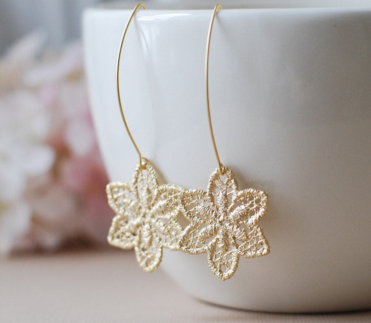 Gold Metal Lace Dangle Earrings Matte gold Flower Earrings Gold Filigree Earrings Drop Earrings Statement Earrings