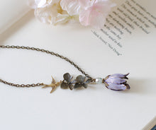 Load image into Gallery viewer, Tulip Necklace, Purple Violet Brass Tulip Flower Orchid  Swallow Bird Necklace, Gift for mom Wife Girlfriend, gift for her
