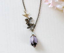 Load image into Gallery viewer, Tulip Necklace, Purple Violet Brass Tulip Flower Orchid  Swallow Bird Necklace, Gift for mom Wife Girlfriend, gift for her
