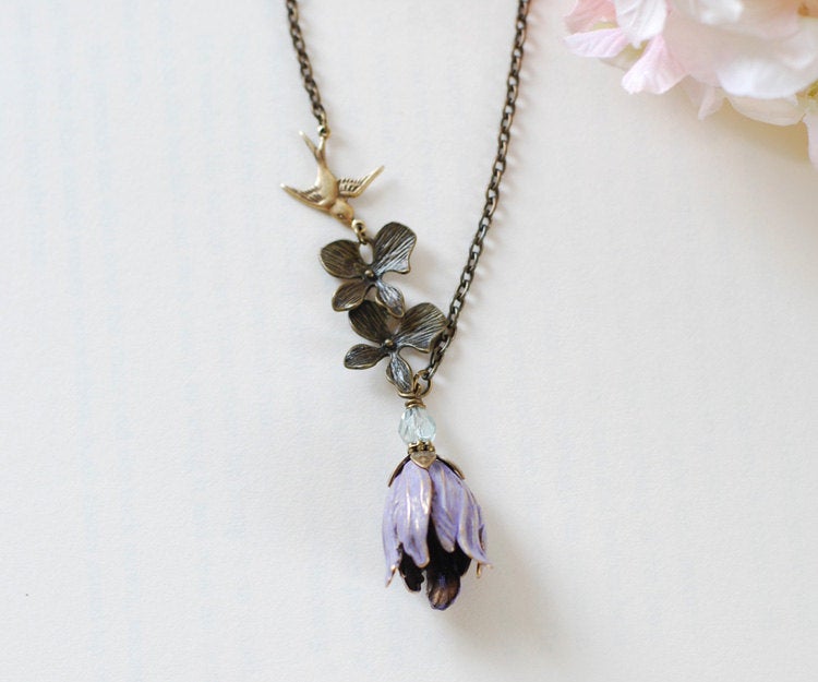 Tulip Necklace, Purple Violet Brass Tulip Flower Orchid  Swallow Bird Necklace, Gift for mom Wife Girlfriend, gift for her