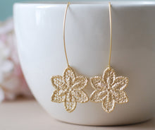 Load image into Gallery viewer, Gold Metal Lace Dangle Earrings Matte gold Flower Earrings Gold Filigree Earrings Drop Earrings Statement Earrings
