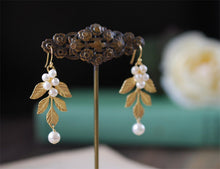 Load image into Gallery viewer, Gold Leaf Branch Earrings. White Freshwater Pearls and Gold leaf Dangle Earrings. Wedding Earrings, Bridal Earrings
