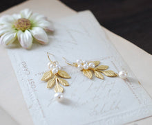 Load image into Gallery viewer, Gold Leaf Branch Earrings. White Freshwater Pearls and Gold leaf Dangle Earrings. Wedding Earrings, Bridal Earrings
