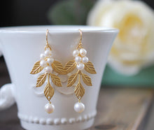 Load image into Gallery viewer, Leaf Earrings Antiqued Gold Brass Leaf Branch Earrings Swarovski Cream Pearls Earrings Vintage Wedding Woodland Jewelry Bridal Earrings
