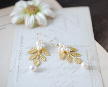 Load image into Gallery viewer, Gold Leaf Branch Earrings. White Freshwater Pearls and Gold leaf Dangle Earrings. Wedding Earrings, Bridal Earrings
