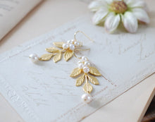 Load image into Gallery viewer, Gold Leaf Branch Earrings. White Freshwater Pearls and Gold leaf Dangle Earrings. Wedding Earrings, Bridal Earrings
