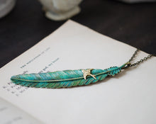 Load image into Gallery viewer, Feather Necklace. Large Teal Blue Verdigris Patina Feather, Swallow Bird Necklace, Boho Bohemian Jewelry, Gift for Her, Christmas Gift
