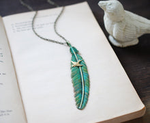 Load image into Gallery viewer, Feather Necklace. Large Teal Blue Verdigris Patina Feather, Swallow Bird Necklace, Boho Bohemian Jewelry, Gift for Her, Christmas Gift
