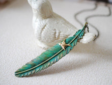 Load image into Gallery viewer, Feather Necklace. Large Teal Blue Verdigris Patina Feather, Swallow Bird Necklace, Boho Bohemian Jewelry, Gift for Her, Christmas Gift
