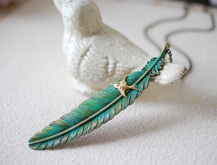 Feather Necklace. Large Teal Blue Verdigris Patina Feather, Swallow Bird Necklace, Boho Bohemian Jewelry, Gift for Her, Christmas Gift