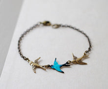 Load image into Gallery viewer, Swallow Birds Bracelet. Three Birds Teal Blue Verdigris Patina Triple Birds Bracelet. Three Sisters Gift, Family Bracelet, Christmas Gift
