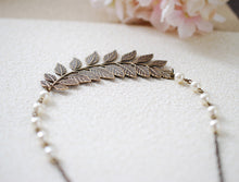 Load image into Gallery viewer, Large Leaf  Branch Necklace. Antiqued Brass Leaf Cream Ivory Pearls Necklace. Leaf Choker, Bridal jewelry, Woodland Jewelry, wedding
