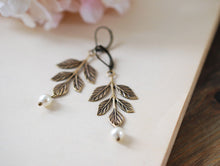 Load image into Gallery viewer, Leaf Earrings Antiqued Gold Brass Leaf Branch Earrings Swarovski Cream Pearls Earrings Vintage Wedding Woodland Jewelry Bridal Earrings
