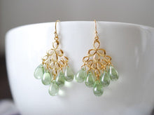 Load image into Gallery viewer, Mint Green Glass Drops Chandelier Earrings. Mint Green Czech Glass Drops, Gold Peacock Feather Chandelier Earrings. Summer Accessory
