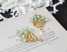 Load image into Gallery viewer, Mint Green Glass Drops Chandelier Earrings. Mint Green Czech Glass Drops, Gold Peacock Feather Chandelier Earrings. Summer Accessory
