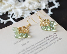 Load image into Gallery viewer, Mint Green Glass Drops Chandelier Earrings. Mint Green Czech Glass Drops, Gold Peacock Feather Chandelier Earrings. Summer Accessory
