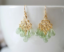 Load image into Gallery viewer, Mint Green Glass Drops Chandelier Earrings. Mint Green Czech Glass Drops, Gold Peacock Feather Chandelier Earrings. Summer Accessory
