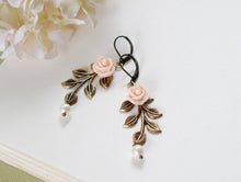 Load image into Gallery viewer, Leaf Earrings. Peach Pink Flower Antiqued Brass Leaf Branch Swarovski Cream Pearl Dangle Earrings, Woodland Wedding Bridal Jewelry
