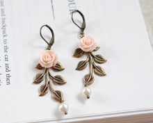 Load image into Gallery viewer, Leaf Earrings. Peach Pink Flower Antiqued Brass Leaf Branch Swarovski Cream Pearl Dangle Earrings, Woodland Wedding Bridal Jewelry
