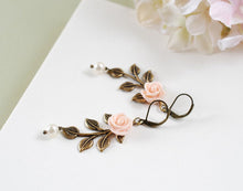 Load image into Gallery viewer, Leaf Earrings. Peach Pink Flower Antiqued Brass Leaf Branch Swarovski Cream Pearl Dangle Earrings, Woodland Wedding Bridal Jewelry
