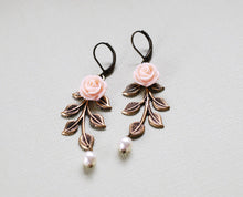 Load image into Gallery viewer, Leaf Earrings. Peach Pink Flower Antiqued Brass Leaf Branch Swarovski Cream Pearl Dangle Earrings, Woodland Wedding Bridal Jewelry
