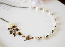 Load image into Gallery viewer, Swallow Bird Leaf Ivory Flower Cream Pearls Necklace. Brass Bird, Resin Flower, Brass Leaf, Swarovski Pearls Necklace. Bridal Necklace
