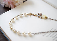 Load image into Gallery viewer, Swallow Bird Leaf Ivory Flower Cream Pearls Necklace. Brass Bird, Resin Flower, Brass Leaf, Swarovski Pearls Necklace. Bridal Necklace
