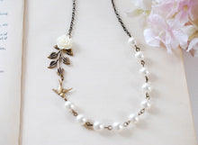 Load image into Gallery viewer, Swallow Bird Leaf Ivory Flower Cream Pearls Necklace. Brass Bird, Resin Flower, Brass Leaf, Swarovski Pearls Necklace. Bridal Necklace
