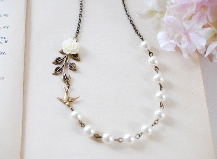 Swallow Bird Leaf Ivory Flower Cream Pearls Necklace. Brass Bird, Resin Flower, Brass Leaf, Swarovski Pearls Necklace. Bridal Necklace