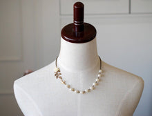 Load image into Gallery viewer, Swallow Bird Leaf Ivory Flower Cream Pearls Necklace. Brass Bird, Resin Flower, Brass Leaf, Swarovski Pearls Necklace. Bridal Necklace
