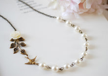 Load image into Gallery viewer, Swallow Bird Leaf Ivory Flower Cream Pearls Necklace. Brass Bird, Resin Flower, Brass Leaf, Swarovski Pearls Necklace. Bridal Necklace
