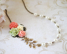 Load image into Gallery viewer, Flower Garden Collage Necklace. Orange Pink Green Ivory Flowers, Swallow Bird, Leaf, Cream Ivory Pearl Necklace. Wedding Bridal Necklace
